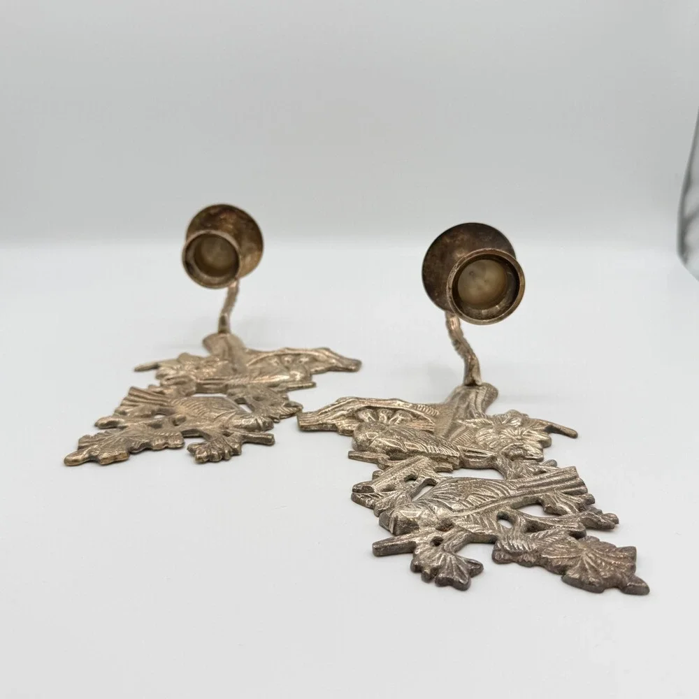 Vintage Silver-Tone Bird & Nest Wall Candle Sconces — Pair, Made in India